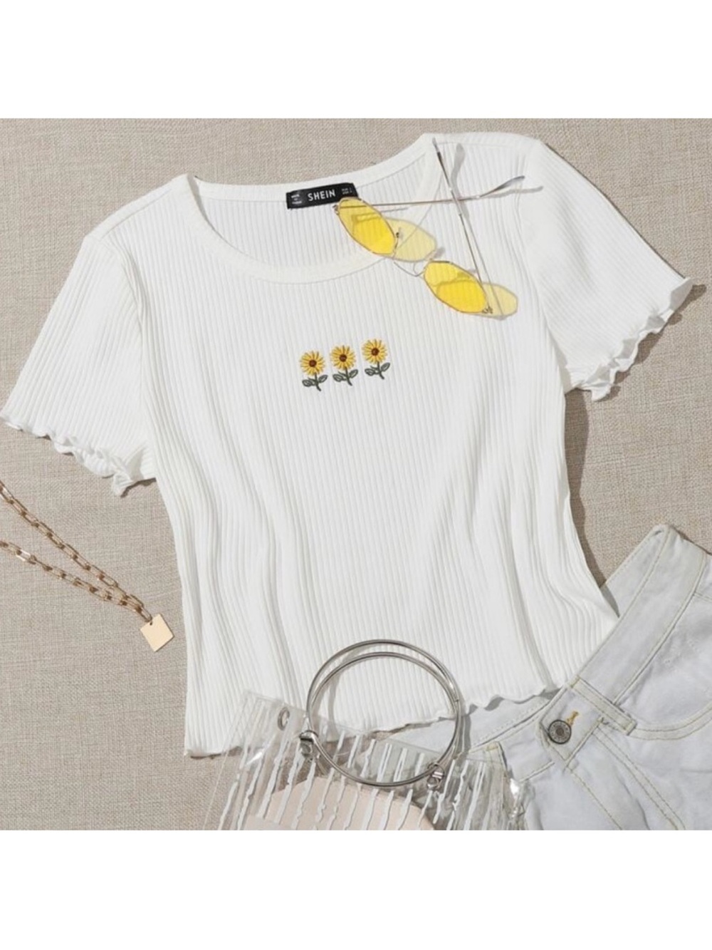 SHEIN White Ribbed Tee with Yellow Sunflower Embroidery